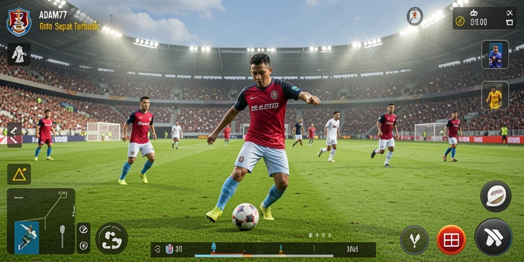 Tampilan gameplay ADAM77 menampilkan aksi seru di lapangan sepak bola.