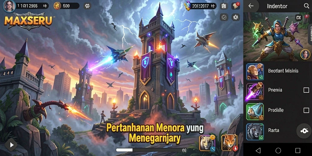 Tangkapan layar gameplay <strong>MAXSERU</strong> yang menampilkan aksi pertahanan menara yang intens.