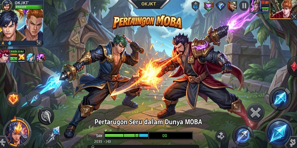 Screenshot gameplay <<OKJKT>> menunjukkan aksi pertarungan seru antara dua tim.