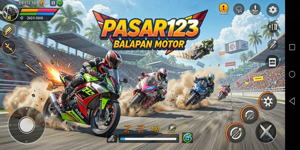 Tampilan gameplay <strong>PASAR123</strong> yang menegangkan saat balapan motor.