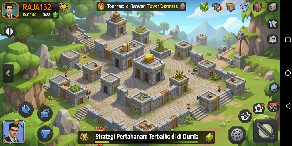 Tangkapan layar utama RAJA132 menampilkan strategi menara heroik dalam Tower Defense.
