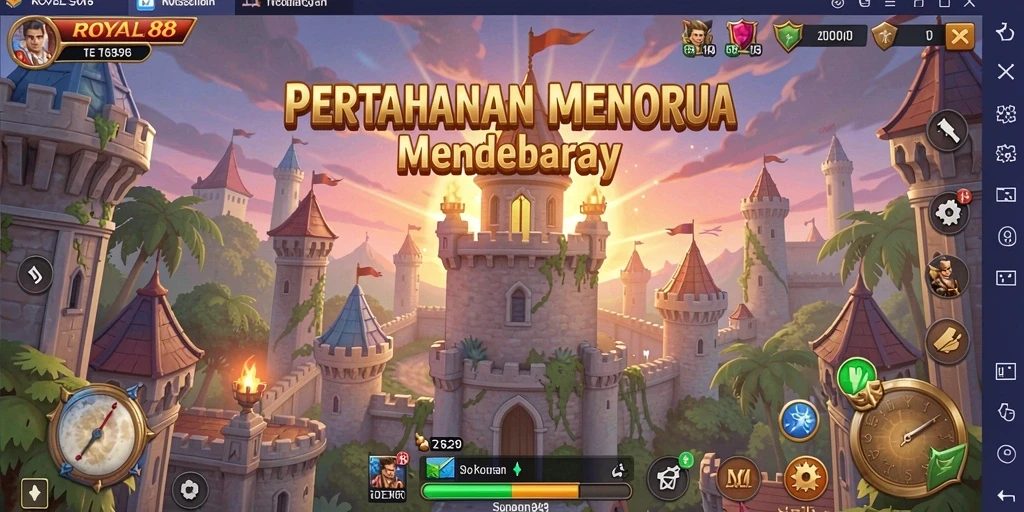 Skrinsyut gameplay ROYAL88 menampilkan serangan musuh dan menara pertahanan.