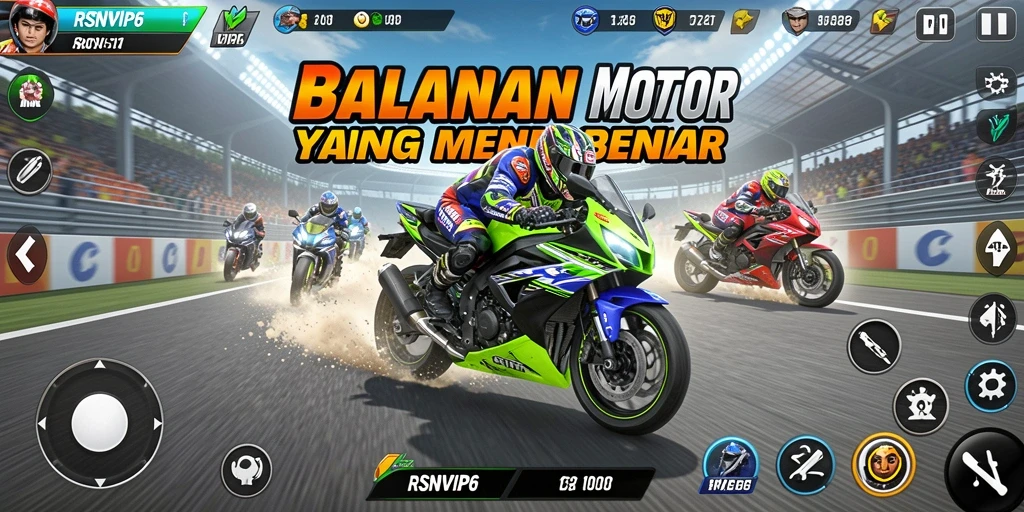 Screenshot dari gameplay RSNVIP6 yang menunjukkan balapan motor yang mendebarkan.